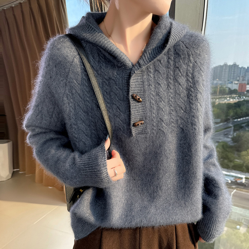 Wool Coat Peacoat - 100% Pure Mink Cashmere Knitted Hooded